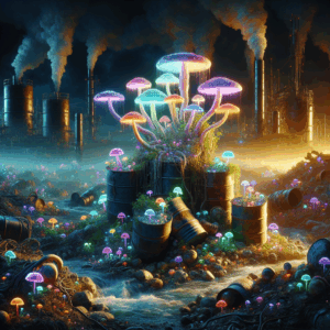 Illustration for: mushrooms clean toxic waste
